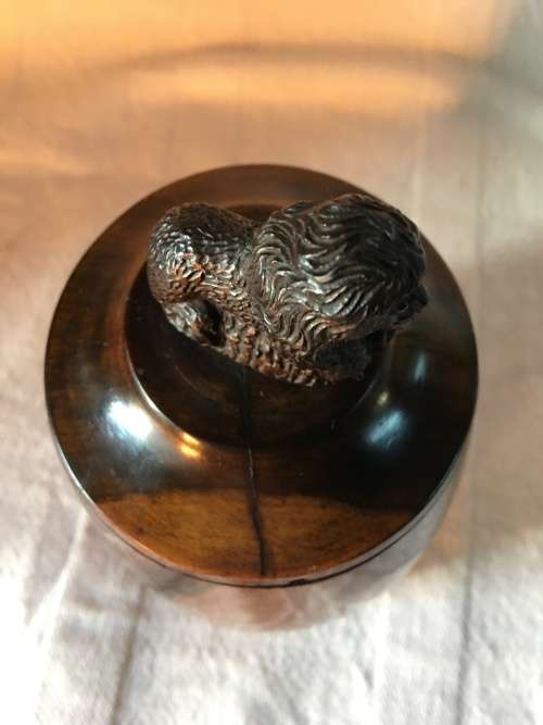 WOW !!! STUNNING ANTIQUE SOLID WALNUT TOBACCO JAR WITH A WOODEN CARVED LION ON THE LID