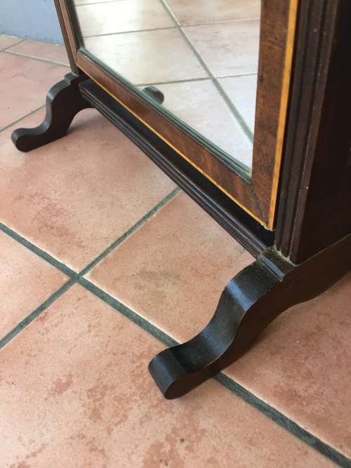 STUNNING ANTIQUE VICTORIAN MAHOGANY INLAID SHAVING MIRROR WITH BRASS FINIALS AND DETAILING