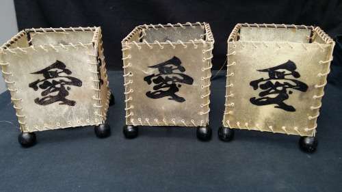3 Stunning Vintage Pig Skin Chinese Candle holders with calligraphy. 11x11x13cm high