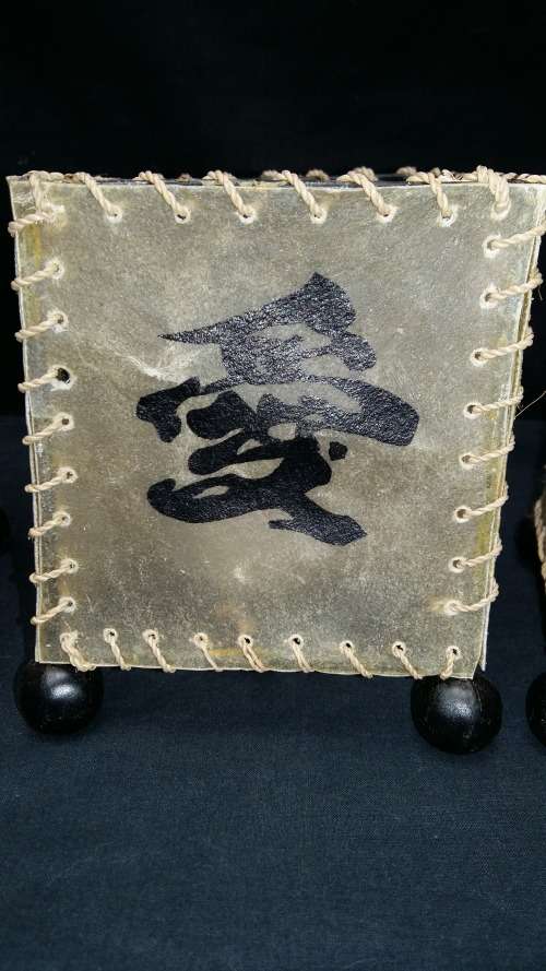 3 Stunning Vintage Pig Skin Chinese Candle holders with calligraphy. 11x11x13cm high