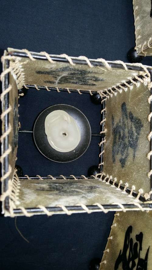 3 Stunning Vintage Pig Skin Chinese Candle holders with calligraphy. 11x11x13cm high