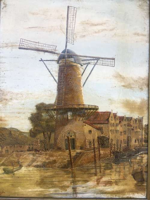 FANTASTIC CONTINENTAL SCHOOL ORIGINAL FRAMED OIL ON BOARD OF A DUTCH WINDMILL signed by the artist