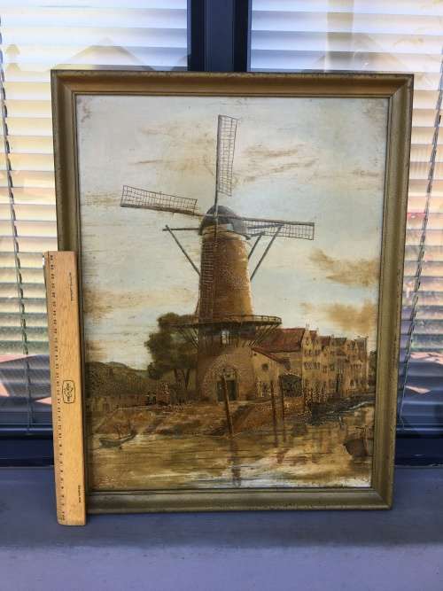 FANTASTIC CONTINENTAL SCHOOL ORIGINAL FRAMED OIL ON BOARD OF A DUTCH WINDMILL signed by the artist