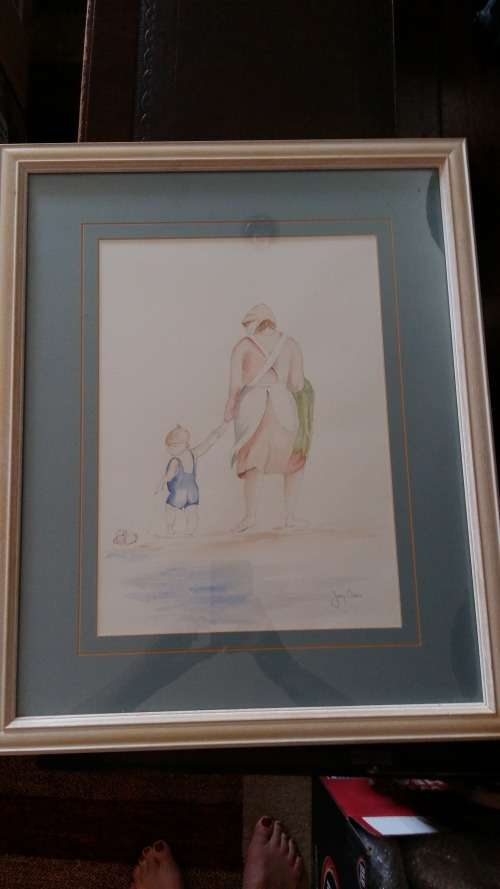 WOW!!! Well Known Artist Tracy Owens Framed Sketch and Water color, Mother and child on the beach.