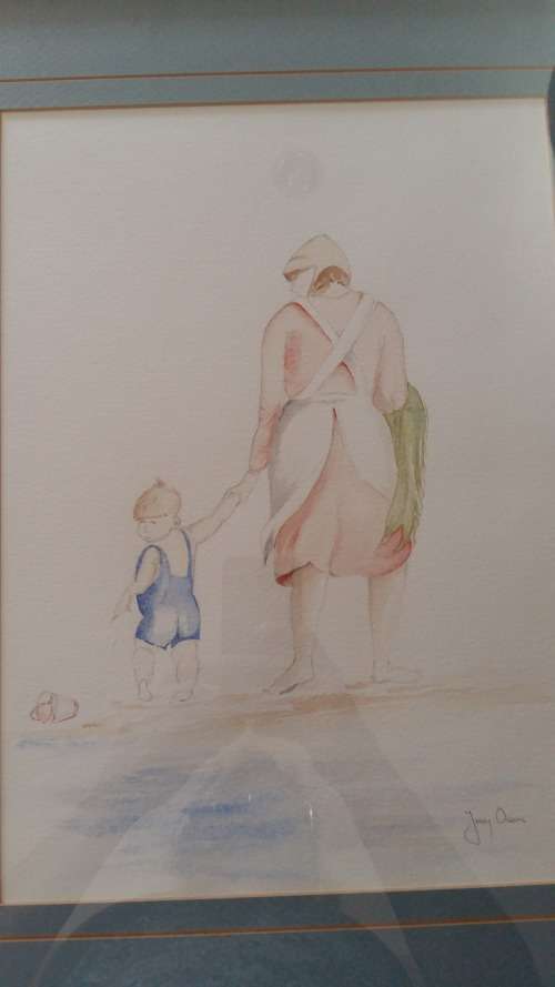 WOW!!! Well Known Artist Tracy Owens Framed Sketch and Water color, Mother and child on the beach.
