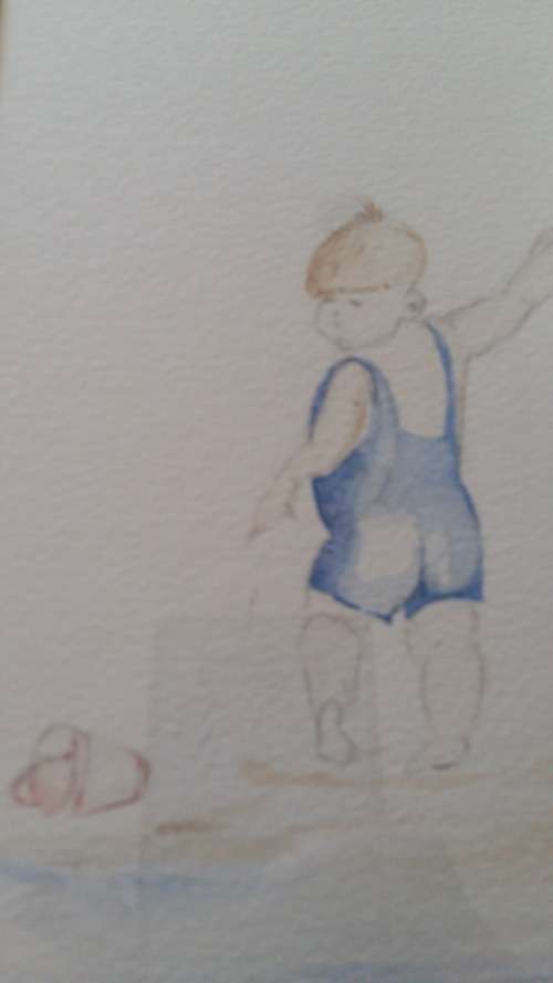 WOW!!! Well Known Artist Tracy Owens Framed Sketch and Water color, Mother and child on the beach.