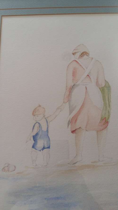 WOW!!! Well Known Artist Tracy Owens Framed Sketch and Water color, Mother and child on the beach.