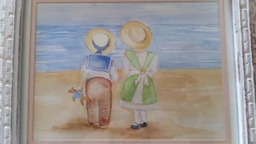 WOW!!! Well Known Artist Tracy Owens Framed Sketch and Water color, Boy and Girl on the beach.