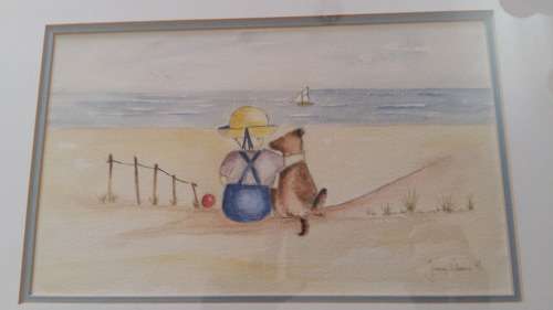 WOW!!! Well Known Artist Tracy Owens Framed Sketch and Water color, Boy and Dog on the beach.