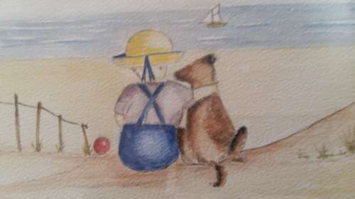 WOW!!! Well Known Artist Tracy Owens Framed Sketch and Water color, Boy and Dog on the beach.