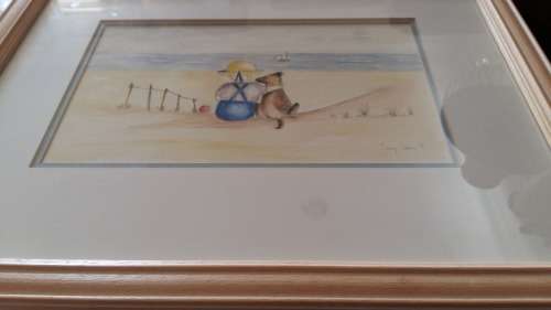 WOW!!! Well Known Artist Tracy Owens Framed Sketch and Water color, Boy and Dog on the beach.