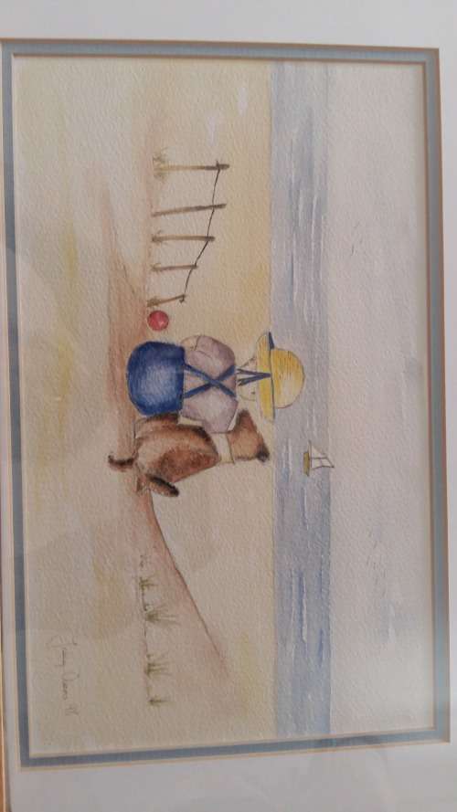 WOW!!! Well Known Artist Tracy Owens Framed Sketch and Water color, Boy and Dog on the beach.