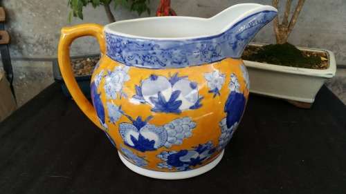 Beautiful Heavy Large Vintage Blue and yellow pottery water pitcher