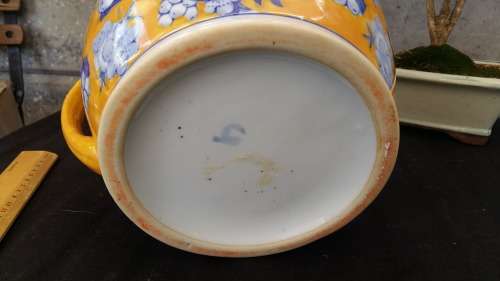 Beautiful Heavy Large Vintage Blue and yellow pottery water pitcher