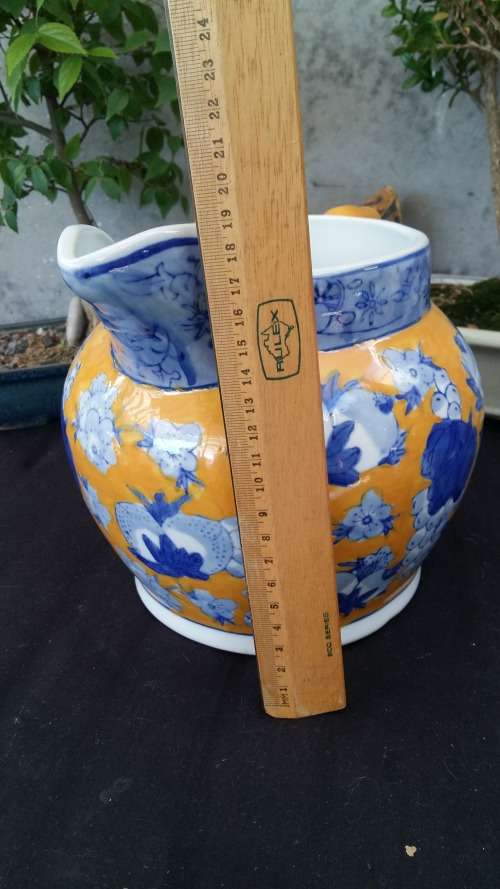 Beautiful Heavy Large Vintage Blue and yellow pottery water pitcher