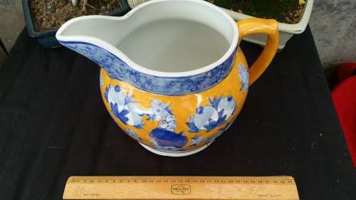 Beautiful Heavy Large Vintage Blue and yellow pottery water pitcher