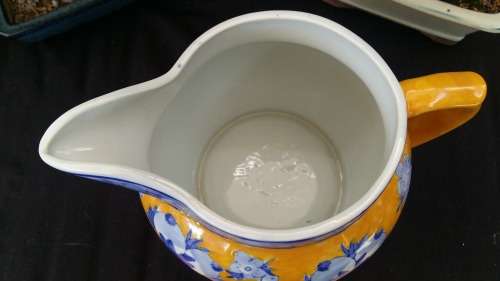 Beautiful Heavy Large Vintage Blue and yellow pottery water pitcher