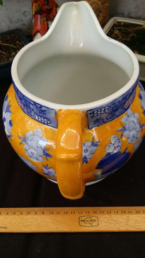 Beautiful Heavy Large Vintage Blue and yellow pottery water pitcher