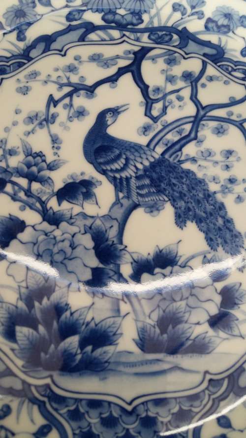 Collectible Vintage Blue and White Peacock 26cm  Imari Display dish. Signed