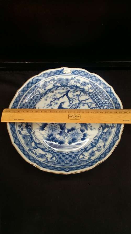 Collectible Vintage Blue and White Peacock 26cm  Imari Display dish. Signed