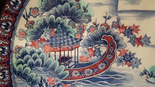 Vintage Japanese Imari Large Gilt Charger/Display Plate, Hand Painted Boat on River. Red & Blue