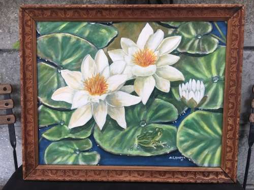STUNNING FRAMED OIL ON BOARD OF WATER LILIES BY SA ARTIST A.S.HARPER 1991 signed