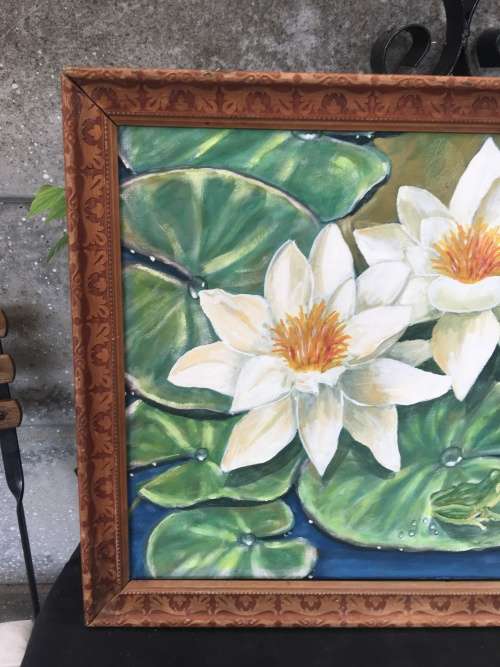 STUNNING FRAMED OIL ON BOARD OF WATER LILIES BY SA ARTIST A.S.HARPER 1991 signed