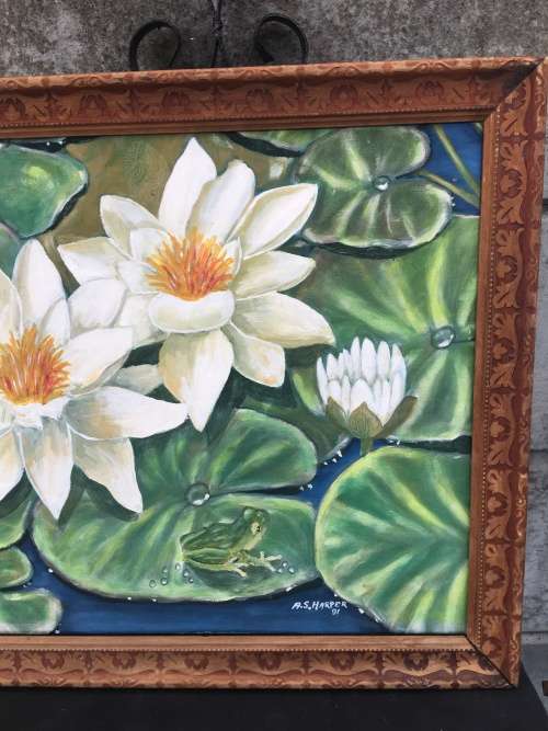 STUNNING FRAMED OIL ON BOARD OF WATER LILIES BY SA ARTIST A.S.HARPER 1991 signed