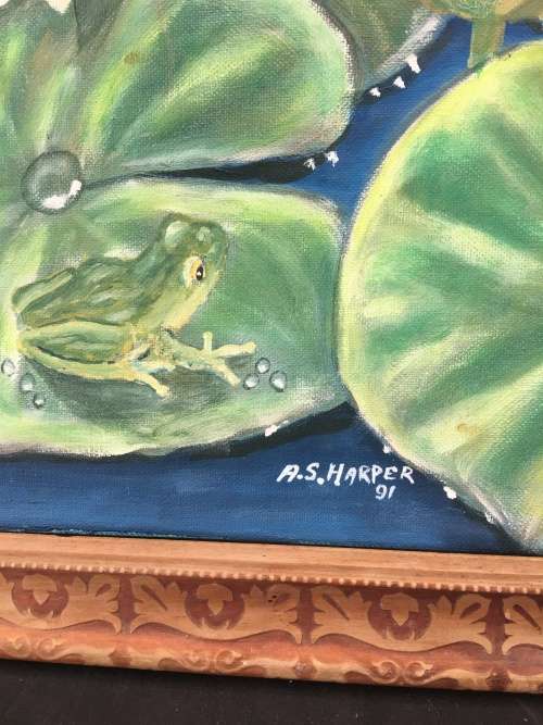 STUNNING FRAMED OIL ON BOARD OF WATER LILIES BY SA ARTIST A.S.HARPER 1991 signed