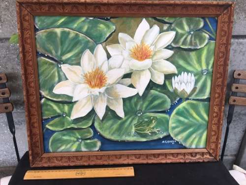 STUNNING FRAMED OIL ON BOARD OF WATER LILIES BY SA ARTIST A.S.HARPER 1991 signed