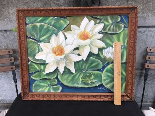 STUNNING FRAMED OIL ON BOARD OF WATER LILIES BY SA ARTIST A.S.HARPER 1991 signed