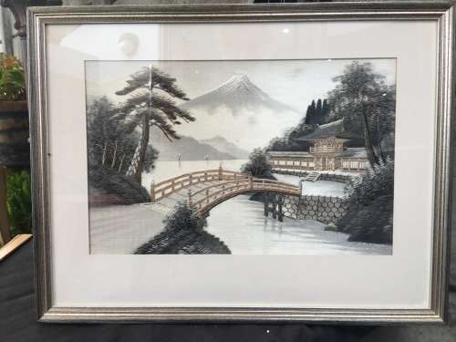 STUNNING FRAMED JAPANESE HISTORICAL SILK NEEDLEWORK LANDSCAPE OF MT FUJI AND TAISEKI~JI TEMPLE