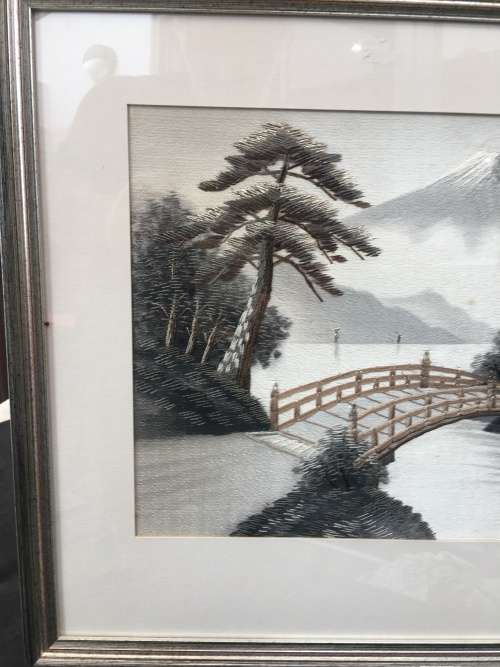 STUNNING FRAMED JAPANESE HISTORICAL SILK NEEDLEWORK LANDSCAPE OF MT FUJI AND TAISEKI~JI TEMPLE