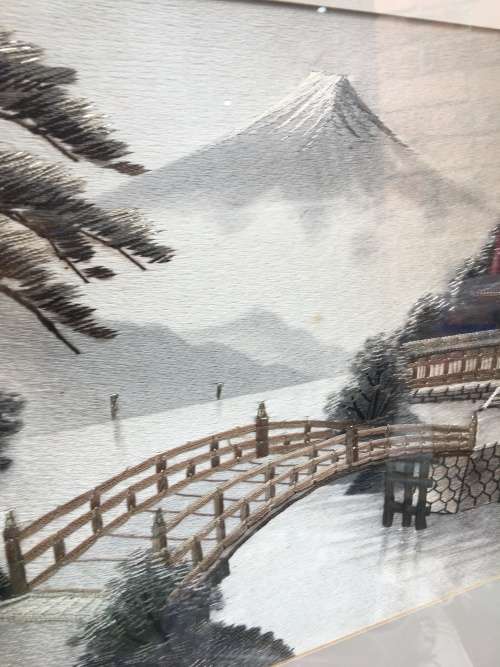 STUNNING FRAMED JAPANESE HISTORICAL SILK NEEDLEWORK LANDSCAPE OF MT FUJI AND TAISEKI~JI TEMPLE