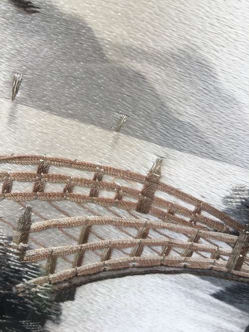 STUNNING FRAMED JAPANESE HISTORICAL SILK NEEDLEWORK LANDSCAPE OF MT FUJI AND TAISEKI~JI TEMPLE