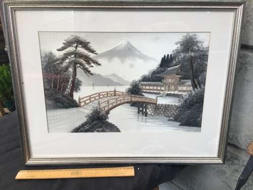 STUNNING FRAMED JAPANESE HISTORICAL SILK NEEDLEWORK LANDSCAPE OF MT FUJI AND TAISEKI~JI TEMPLE