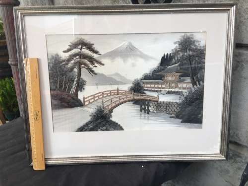 STUNNING FRAMED JAPANESE HISTORICAL SILK NEEDLEWORK LANDSCAPE OF MT FUJI AND TAISEKI~JI TEMPLE