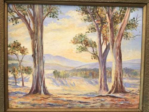 WOW !!! AMAZING FRAMED ORIGINAL OIL ON BOARD OF BLUE GUM TREES BY W.BELL SIGNED IN AN ANTIQUE FRAME