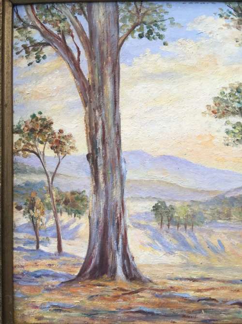 WOW !!! AMAZING FRAMED ORIGINAL OIL ON BOARD OF BLUE GUM TREES BY W.BELL SIGNED IN AN ANTIQUE FRAME