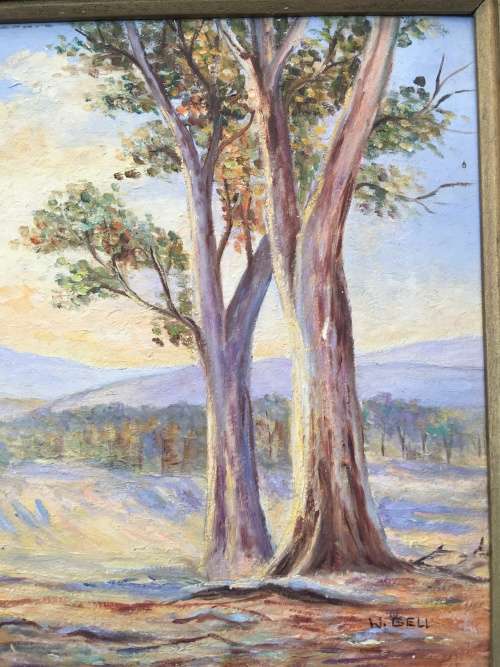 WOW !!! AMAZING FRAMED ORIGINAL OIL ON BOARD OF BLUE GUM TREES BY W.BELL SIGNED IN AN ANTIQUE FRAME