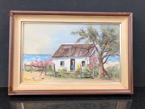WOW !!! FANTASTIC SMALL FRAMED OIL ON BOARD OF A FARM COTTAGE BY SA ARTIST RONA JOUBERT signed