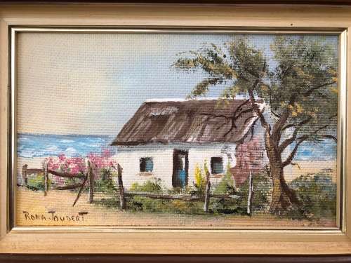 WOW !!! FANTASTIC SMALL FRAMED OIL ON BOARD OF A FARM COTTAGE BY SA ARTIST RONA JOUBERT signed