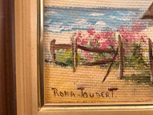 WOW !!! FANTASTIC SMALL FRAMED OIL ON BOARD OF A FARM COTTAGE BY SA ARTIST RONA JOUBERT signed