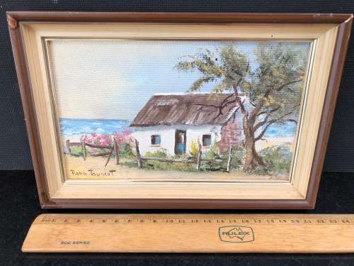 WOW !!! FANTASTIC SMALL FRAMED OIL ON BOARD OF A FARM COTTAGE BY SA ARTIST RONA JOUBERT signed