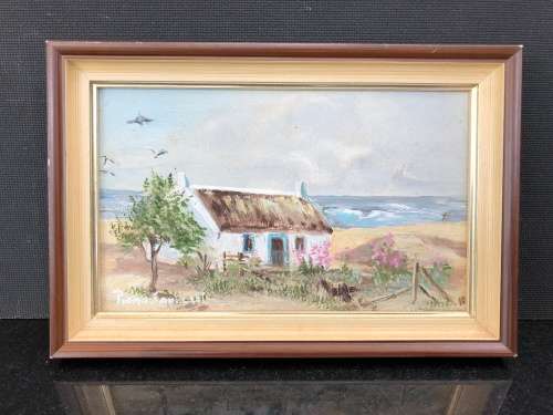 WOW !!! FANTASTIC SMALL FRAMED OIL ON BOARD OF A FARM COTTAGE BY SA ARTIST RONA JOUBERT signed