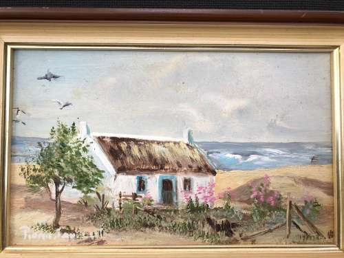 WOW !!! FANTASTIC SMALL FRAMED OIL ON BOARD OF A FARM COTTAGE BY SA ARTIST RONA JOUBERT signed