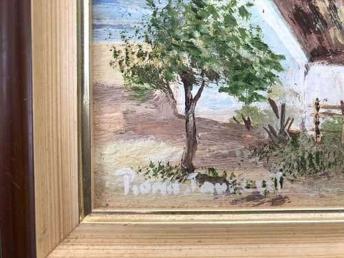 WOW !!! FANTASTIC SMALL FRAMED OIL ON BOARD OF A FARM COTTAGE BY SA ARTIST RONA JOUBERT signed