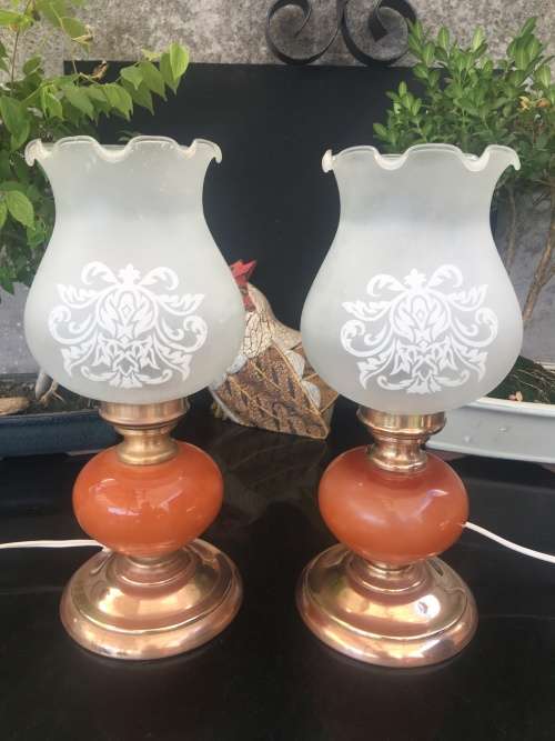 Beautiful Vintage Marble and Brass table lamps with frosted scalloped glass Lamp shades