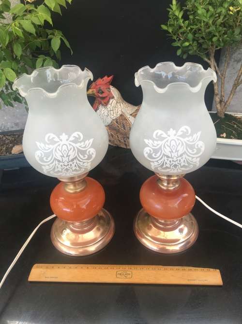 Beautiful Vintage Marble and Brass table lamps with frosted scalloped glass Lamp shades