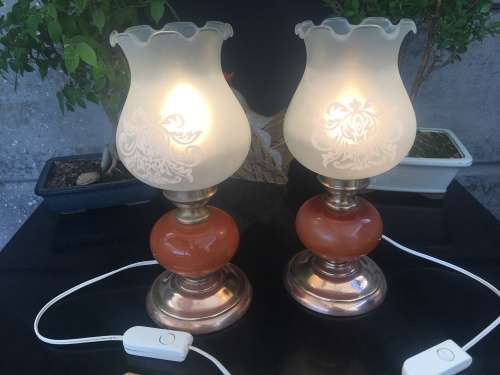 Beautiful Vintage Marble and Brass table lamps with frosted scalloped glass Lamp shades